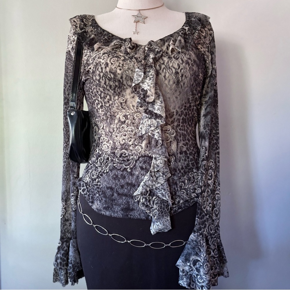 Lace black and grey ruffle top with mixed animal print and bell sleeves